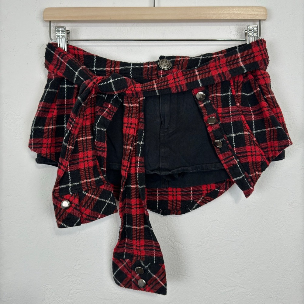 Vintage Y2K Grunge Punk Micro Mini Shorts Size Small Red Plaid Flannel Low Rise